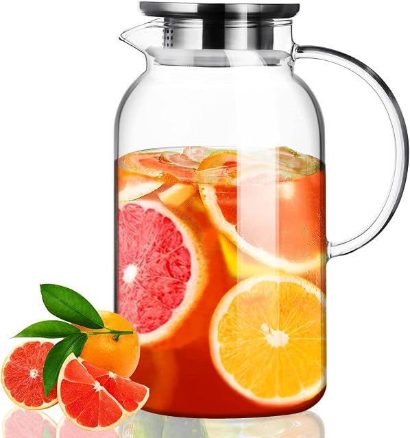 PARACITY Glass Pitcher with Lid, 18/8 Stainless Steel, Glass Pitcher with Handle for for Juice, Milk, Beverage, Cold Water & Iced Tea,64 OZ(1800ML)