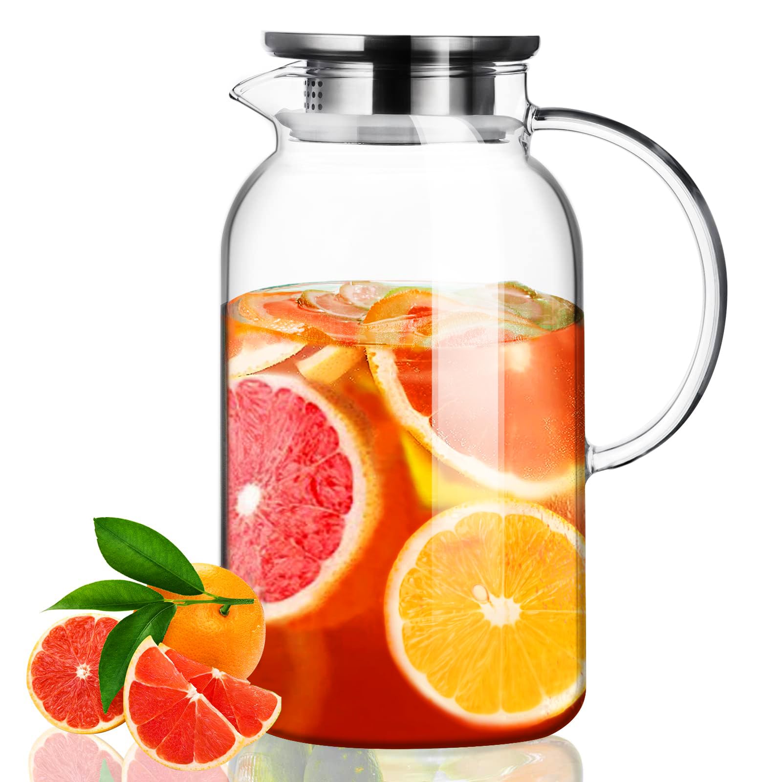 PARACITY Glass Pitcher with Lid, Hot& Cold Glass Water Pitcher with Handle, Iced Tea Pitcher Carafe for Coffee, Juice, Lemonade and Milk 61oz/ 1.8L…