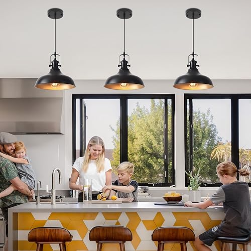 Miniatura 3 de Paquete de 3 luces colgantes negras para isla de cocina, 11.41 pulgadas, lámpara colgante de granja, lámpara colgante industrial, luces de isla para