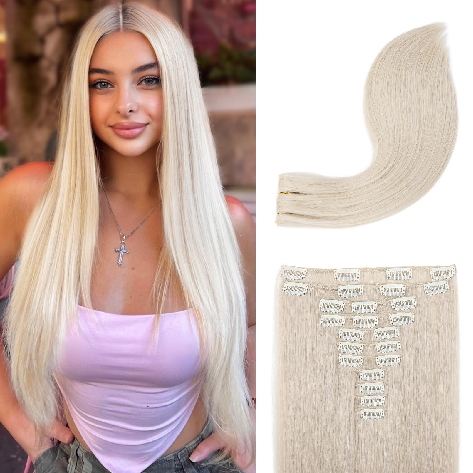 REECHO Hair Extensions, 11PCS Clip in Hair Extensions 28" Long Straight hair extensions HE005 Natural Soft Synthetic Hairpieces for Women Platinum