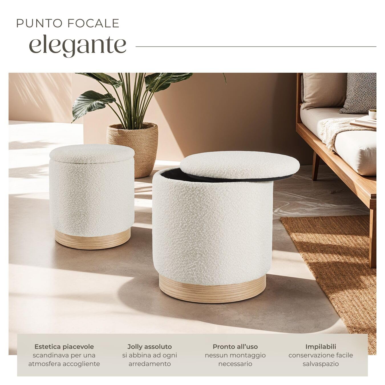 tectake® Set di 2 Pouf Contenitore, Sgabelli Imbottiti Rivestimento Bouclé, Pouf Letto Stile Scandinavo per Camera da Letto Contenitore e da Salotto - Crema