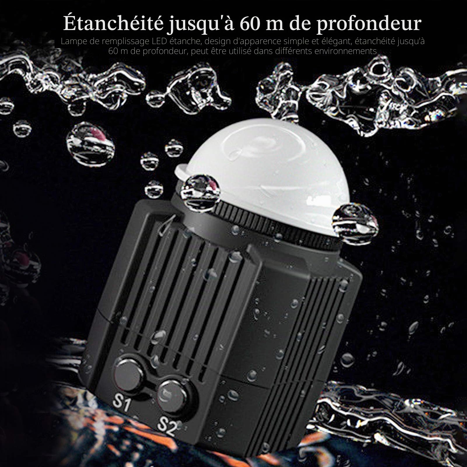VBESTLIFE Lumière Vidéo sous-Marine, Lumière de Remplissage de Photographie de Plongée étanche 60M, Lumière Vidéo LED 7500K, pour Appareil Photo Reflex Numérique, Photographie sous-Marine