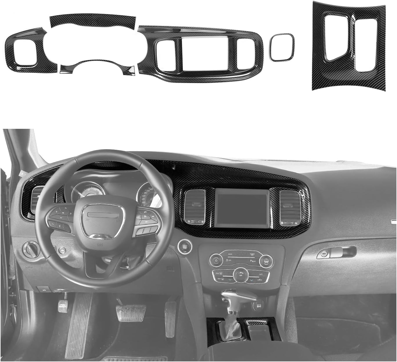 RT-TCZ Interior Trim Kit Cover Center Console Dashboard Panel Gear Shift Panel Trim Decoration Accessories for Dodge Charger 2015-2025,6PCS (Black Carbon Fiber)