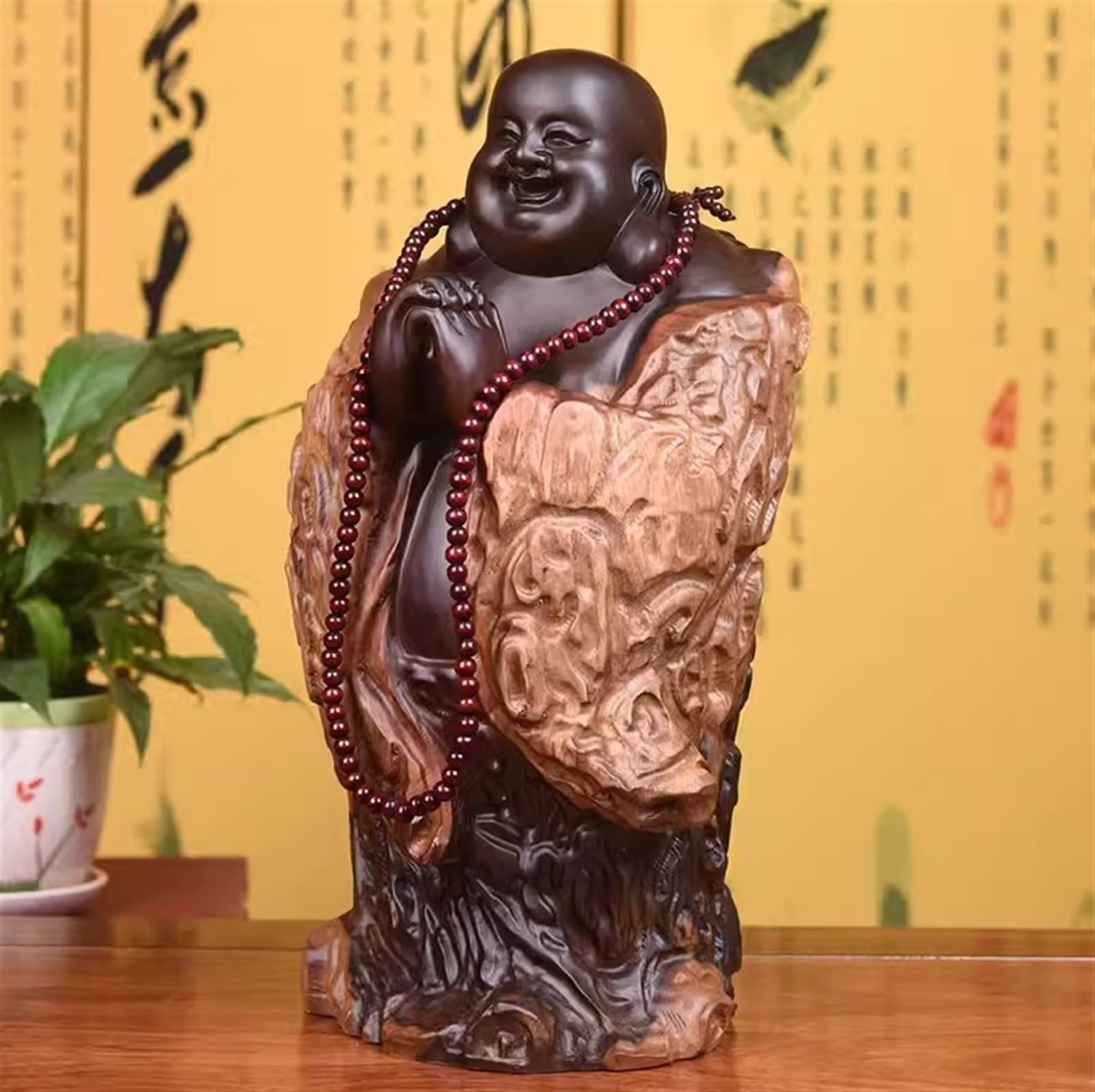 Ozdobna figurka, rzeźby z litego drewna Blackwood śmieją się do wystroju domu na biurko ogród posąg buddy (24 60 cm)