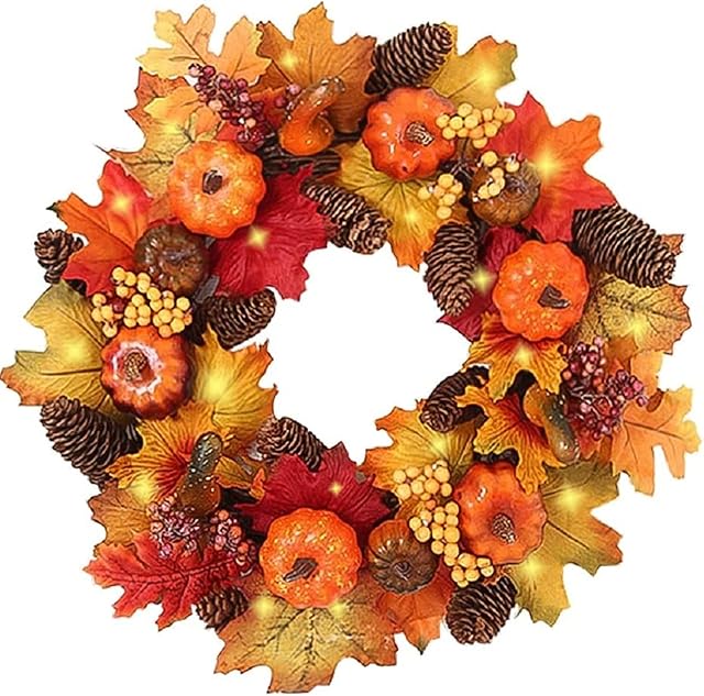 IMOPUITI Autumn Wreaths with LED Light 40cm Fall Maple Leaf Pumpkin Berry Garland Artificial Flower Wreath Front Door for Halloween Christmas Thanksgiving Wall Home Decoration