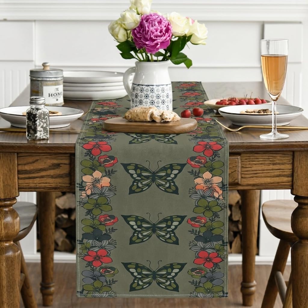 Geometric Printed Table Runner | Decorative Runner for Dining Table, Coffee Table & Console | Soft Fabric, Machine Washable,Home & Kitchen Décor | 71 x 14 Inches (Butterfly Green, 71 x 14 Inches)-image-1