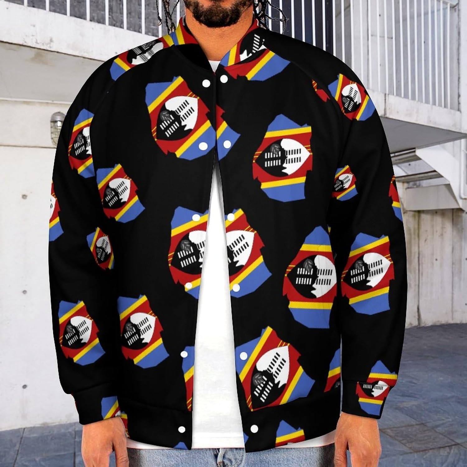 Flag Map of Eswatini Novelty Men's Baseball Jackets Causal Sweatshirt Button Top Long Sleeve Coat