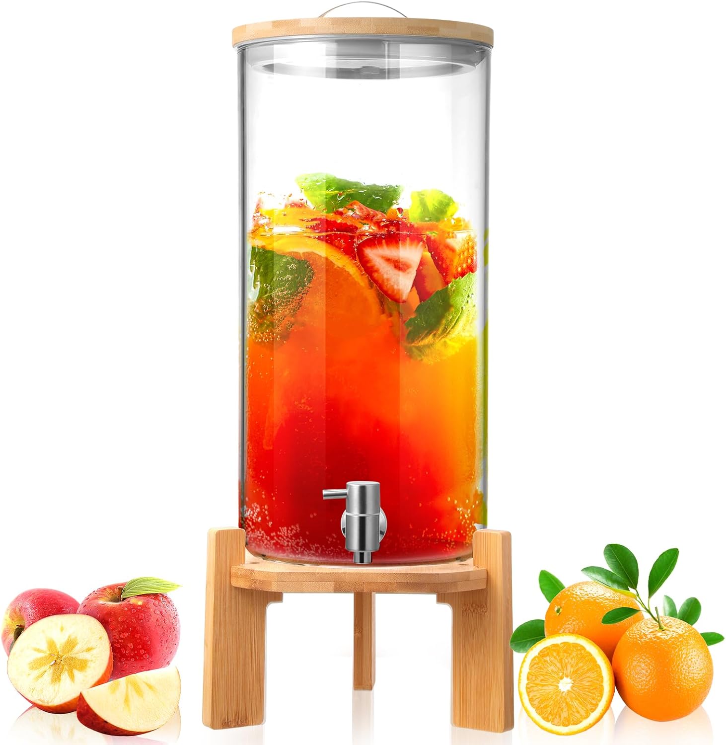 Maxcheck 2.9 Gallon Beverage Dispenser 11 L Glass Drink Dispenser with Wood Stand Spigot Lid Large Drink Container Lemonade Jar for Picnic Bar Restaurant Store