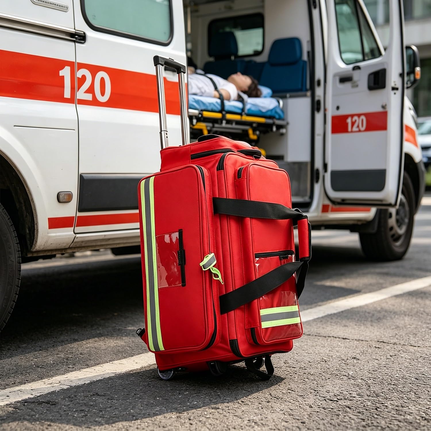 Botiquín de primeros auxilios portátil for exteriores, botiquín de primeros auxilios con ruedas, compartimentos extraíbles y varilla telescópica, Peso 5 kg, for viajes y excursiones