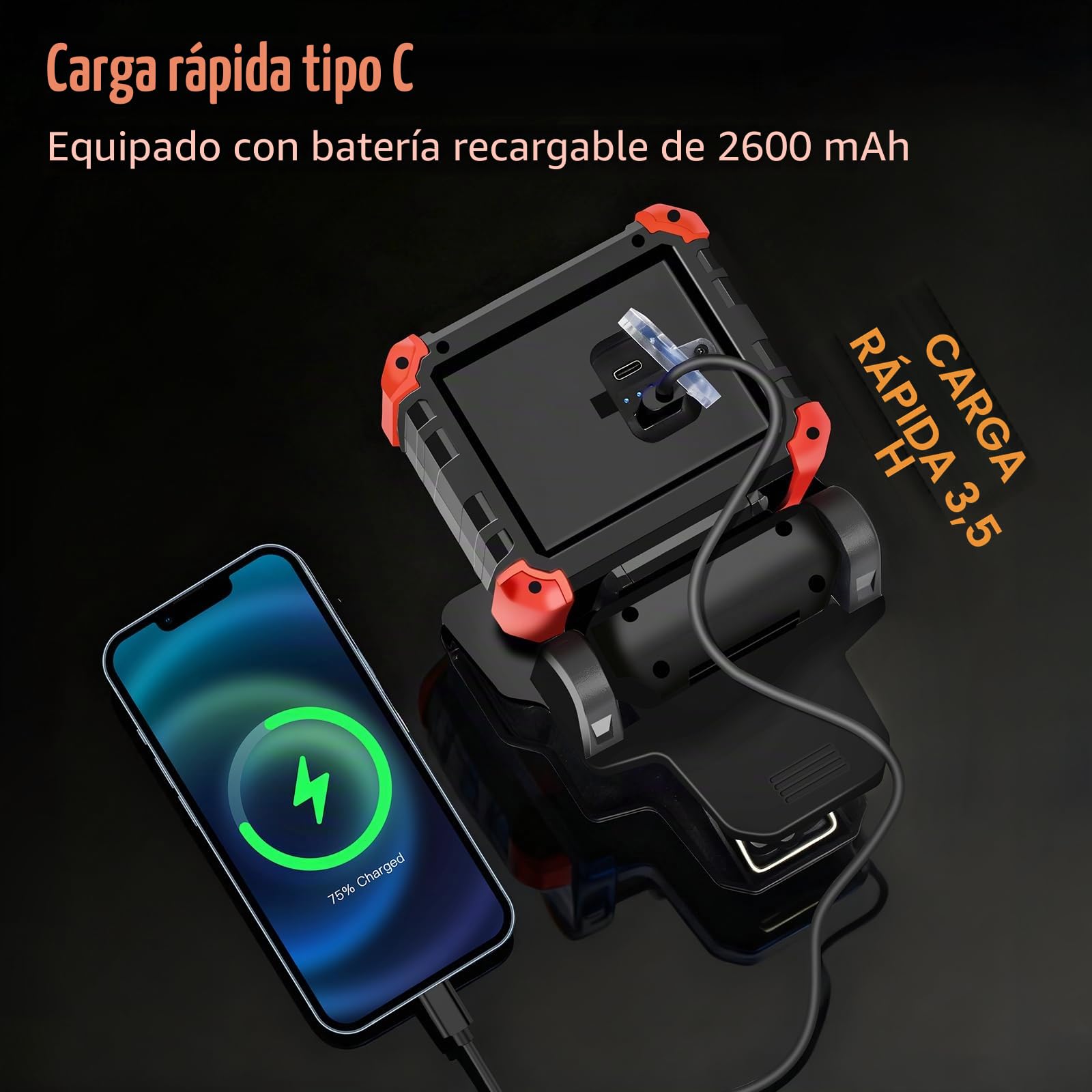 MASMEJOR Foco LED Recargable con Pinza, 2100LM Foco LED con Imanes & 3 Modos de Luz, Rotación de 270°, Luz de Trabajo Portátil Ideal para Camping, BBQ, Pesca, Taller, Emergencias