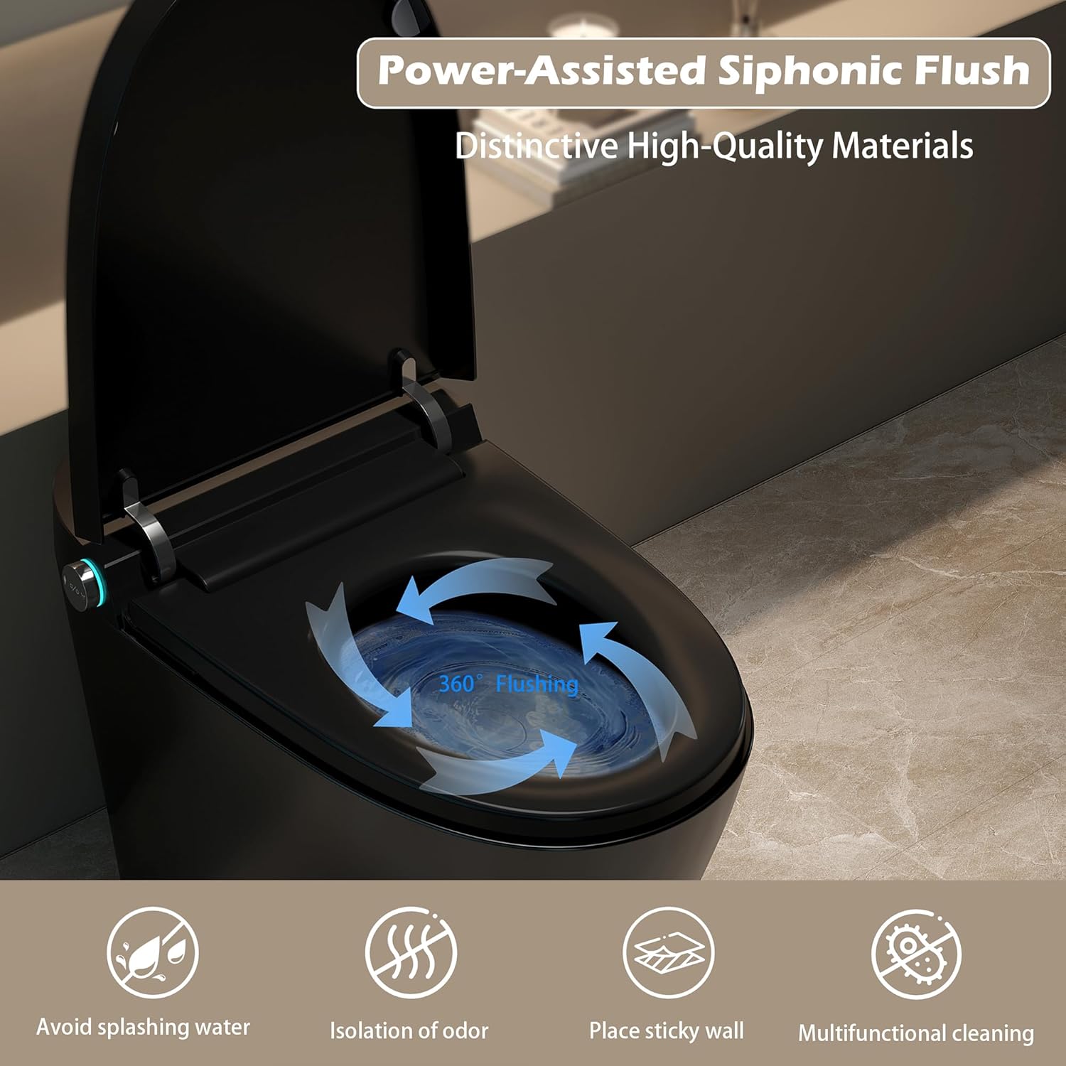 WinZo Smart Toilet with Bidet Built in, ADA One-Piece Toilet Auto Open/Close & Flush, Heated Seat, Front & Rear Wash, LED Display, Night Light, 12-inch Rough-in (Matte Black)
