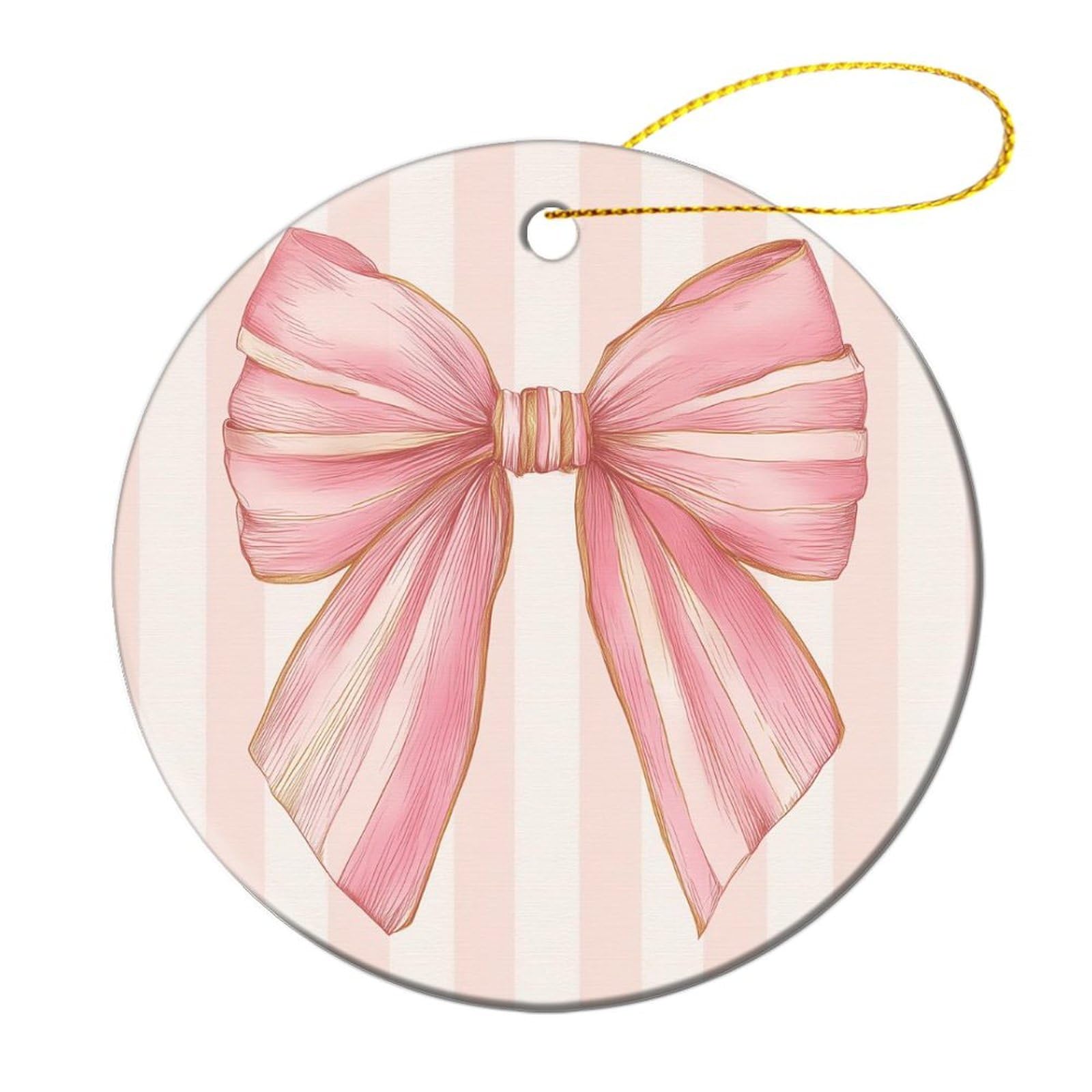 Preppy Coquette Pink Bow on Vertical Stripes Christmas Tree Hanging Ornaments,2 Pieces, 7.2CM Round Double-Sided