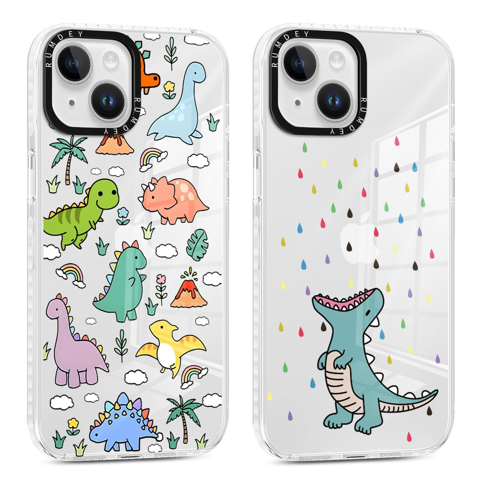 RUMDEY 2 Pack Animals Cartoon Pattern for iPhone 15 6.1" Phone Case, Clear Cute Dinosaur Aesthetics Cases Soft Silicone Slim TPU Shockproof Protective
