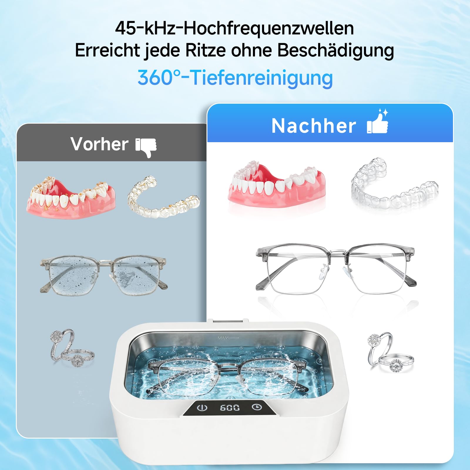 Ultraschallreinigungsgerät mit UV 500 ML, 45 kHz ultraschallreiniger 4 Timer-Modi, Ultrasonic Cleaner für Schmuck, Zahnersatz, Retainer, Aligner Zahnschiene und Prothesen
