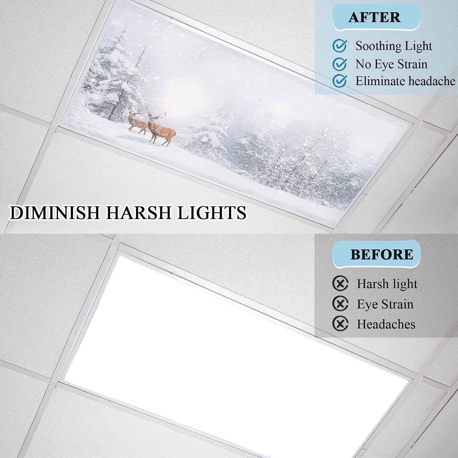 Christmas Fluorescent Light Covers for Ceiling Lights Xmas Tree Deer Magnetic Light Filters 4 Pack 4x2 ft Elk Snowflake Grey Winter Snow Ceiling Lights Cover for Classroom Office School Drop Lamp