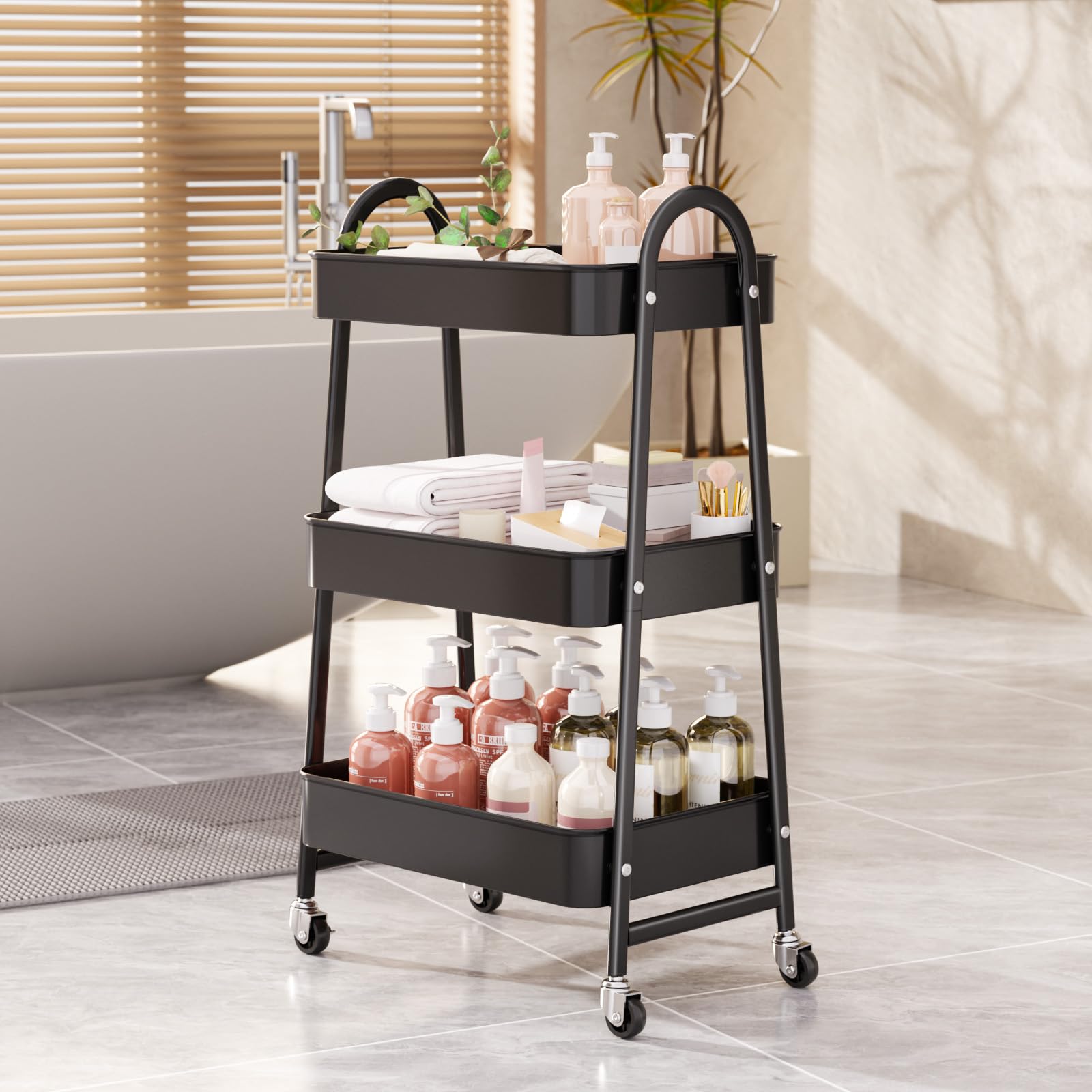 Carrello Multiuso Metallo a 3 Livelli con Ruote - Carrello Portaoggetti Carrello da Cucina Salvaspazio in Bagno, Ufficio, Nero