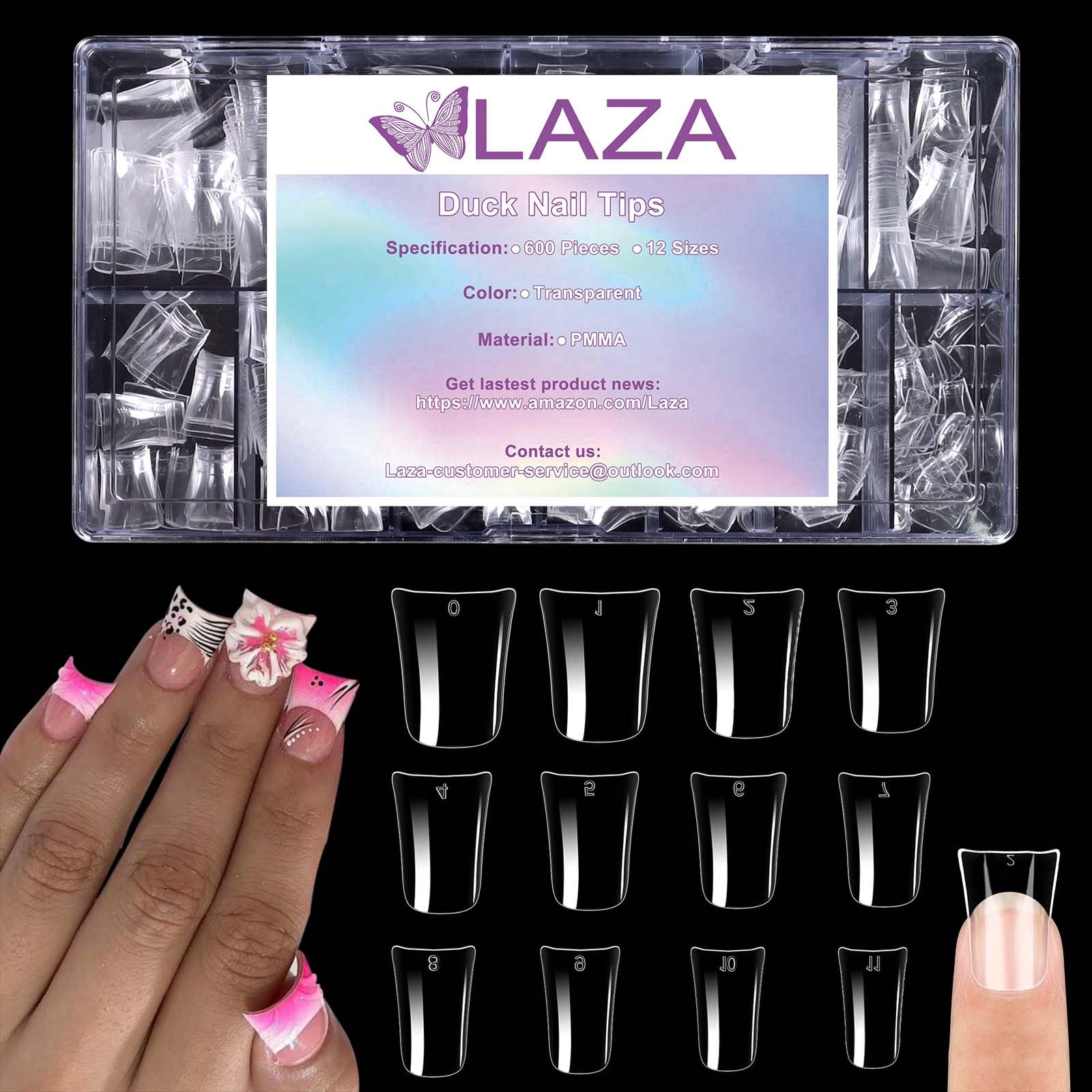 Laza 600pcs Short Duck Nail Tips 12 Sizes Box-packed Clear Duck Nails Full Cover Wide Nail Tips French False Nail Tips for Acrylic Nails Extension