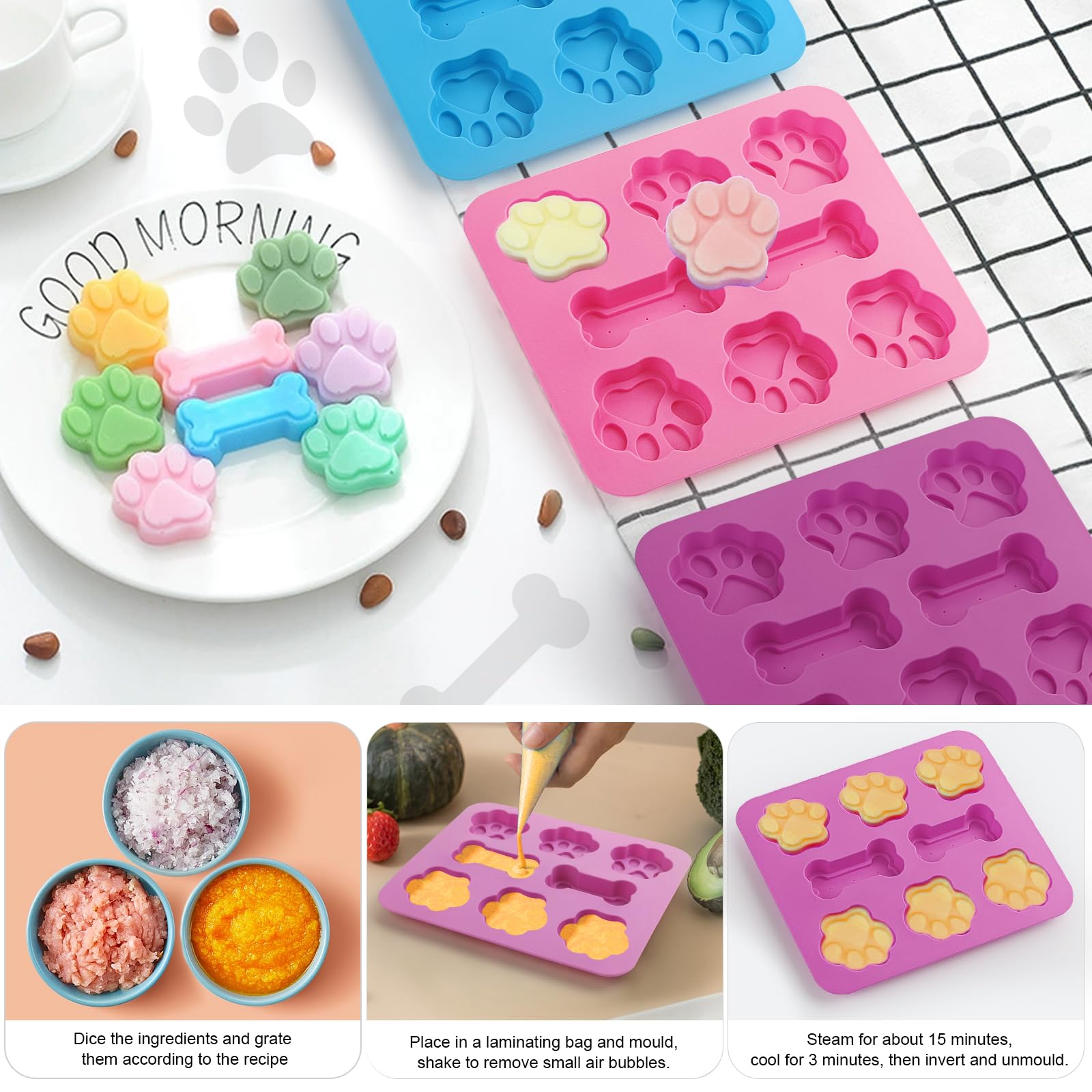 Lot 3 Moules Silicone Pattes & Os De Chien + Brosse + Grattoir – Moules Chocolat, Bonbons, Gelée, Savon – 3 Couleurs (Rose, Bleu, Violet)