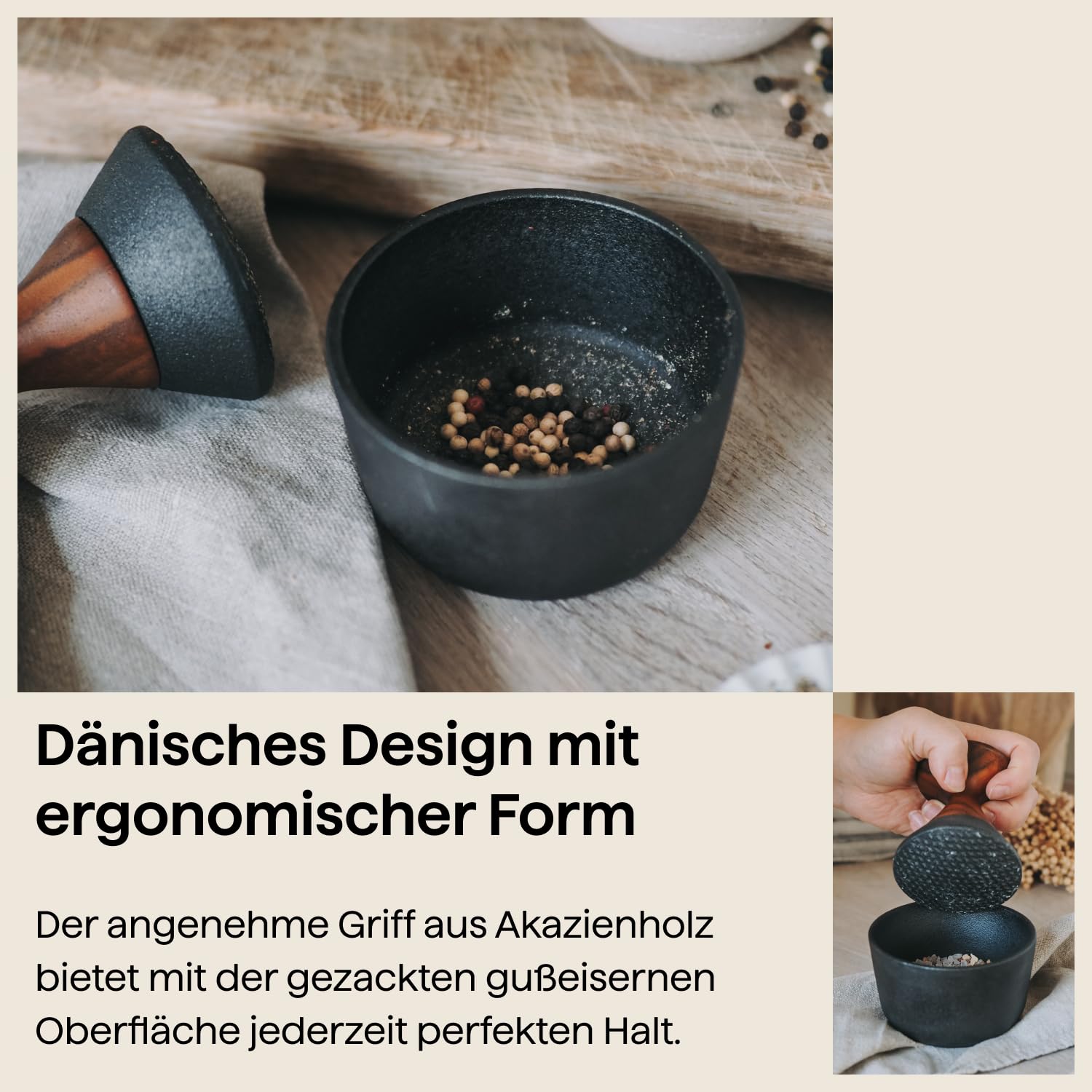 Crushgrind Kiruna Mörser mit Stößel | Gewürzmörser aus hochwertigem Gusseisen und Akazienholz | Zum Zerkleinern von trockenen Gewürzen und Kräutern | Gewürzmörser zum Zerkleinern trockener Gewürze und Kräuter - Aus hochwertigen Materialien