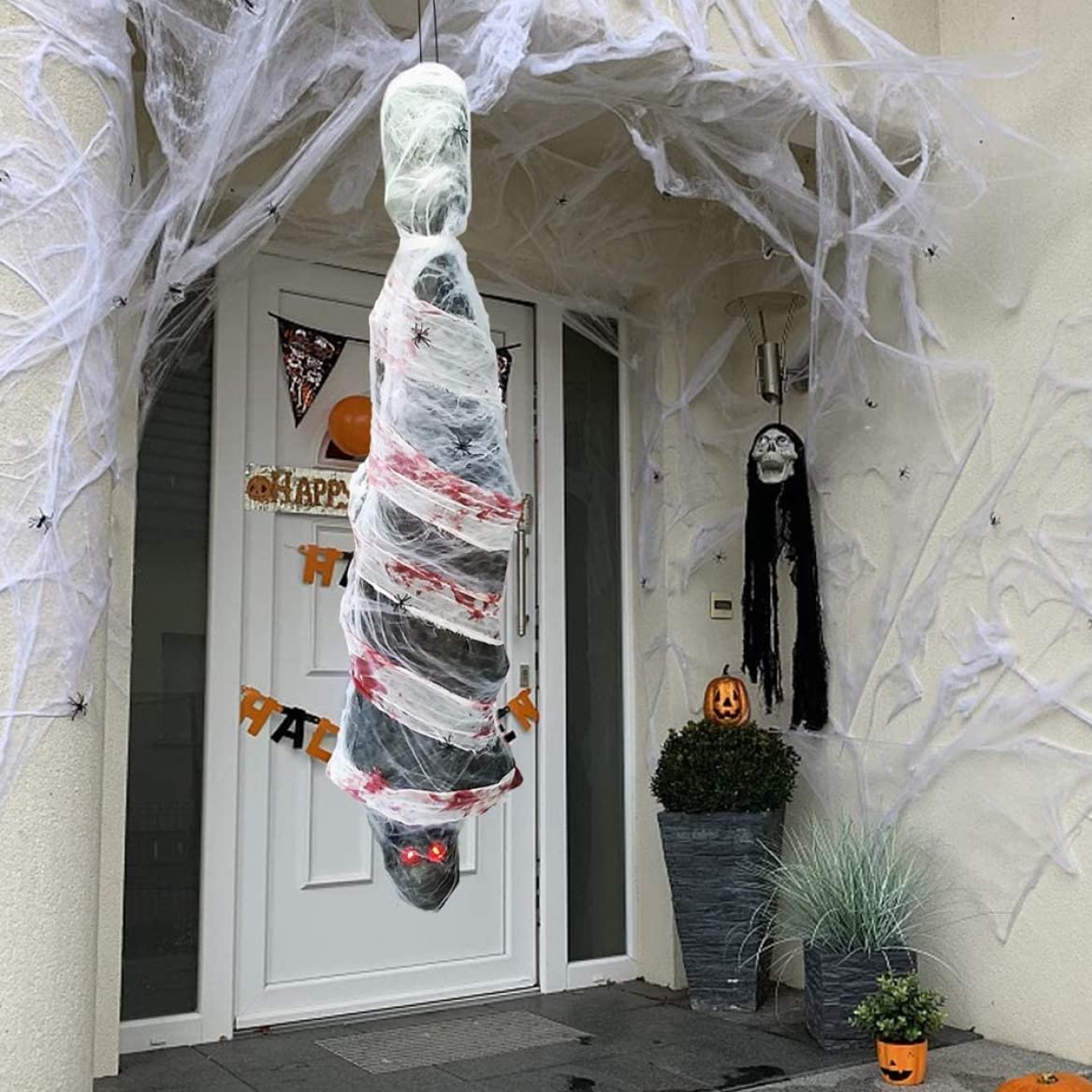 Decorazioni di Halloween 72 Decorazioni a mummia spaventose e inquietanti da appendere con occhi luminosi a LED e attivazione vocale per la casa stregata, il cortile, il soffitto.