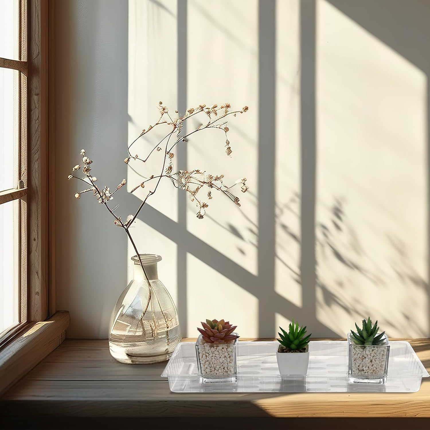 24 Pack Rectangular Plant Drip Trays, Clear Plastic Plant Saucers, Thick Plant Drip Trays Plastic Liners for Indoors Outdoors Flower Pots Window Sills Window Shelf - 15" x 6"