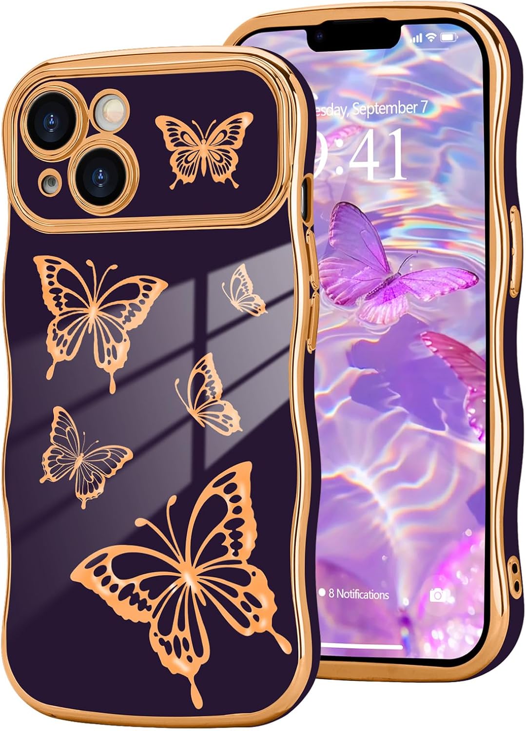 coque iphone 13 – Urarssa Coque pour iPhone 13 pour femmes et filles, motif papillon mignon, cadre ondulé bouclé, placage électrique, silicone souple, flexible, résistant aux chocs, violet