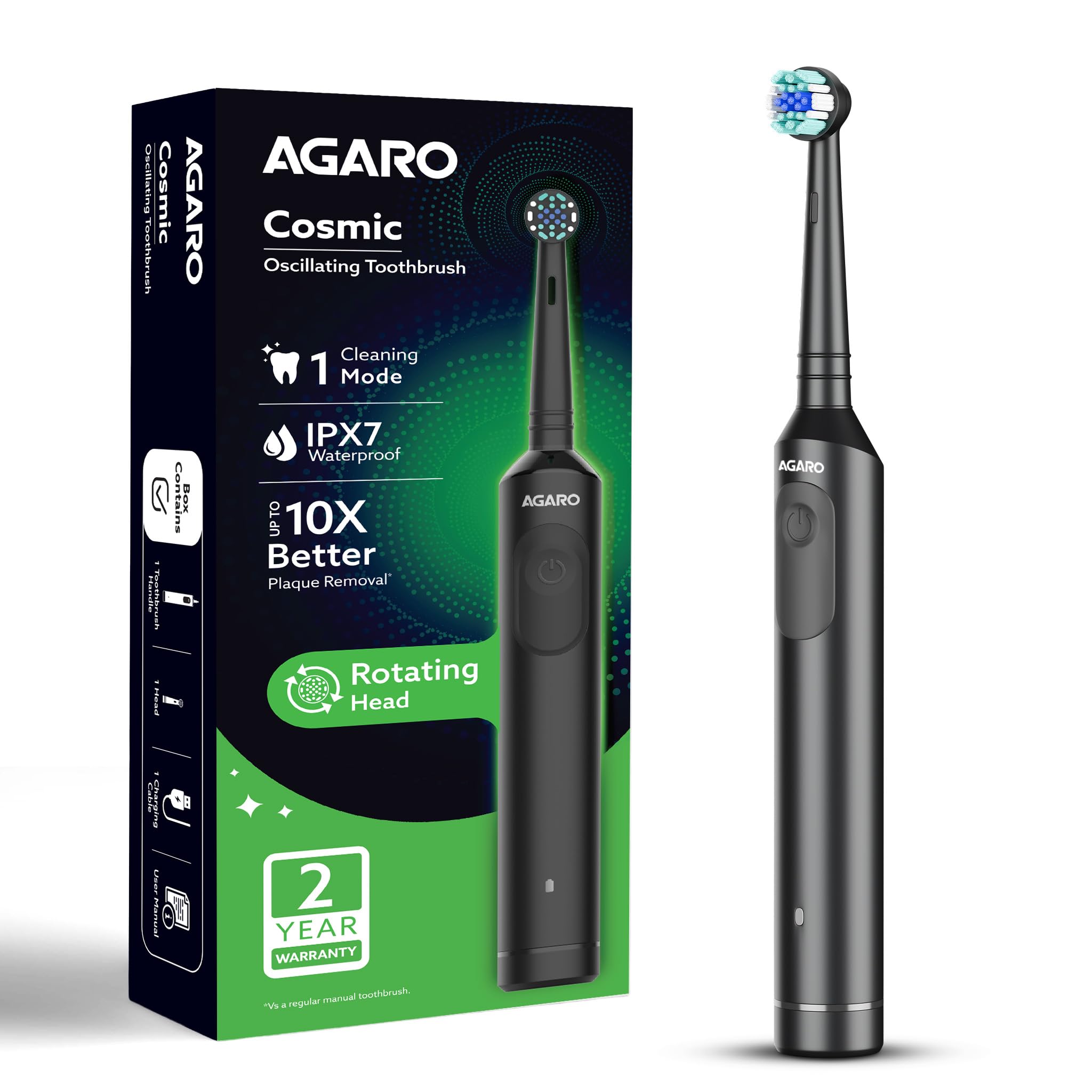 AGARO Cosmic Oscillating Electric Tooth Brush for Adults, Nylon Soft Bristles, Replaceable Brush Head, Rechargeable, Power Oscillating Toothbrush, Black