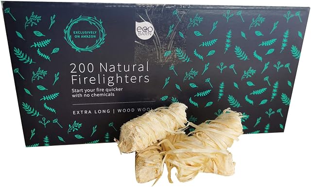 ECO BARN Wood Natural Firelighters XL 200 - Wood Wool Flame Fire Starters for log burners, pizza ovens, camp fires, bbq's, chimenea