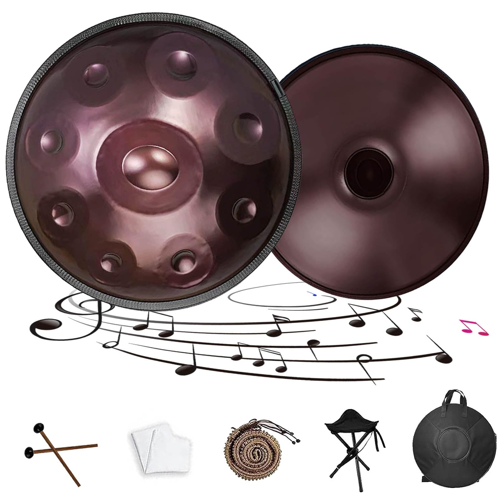 Tamburo in Acciaio 22 Pollici Re Minore – Handpan 432Hz/440Hz Strumento a Percussione con Mazze, Supporto per Handpan e Borsa Trasporto, Ideale per Meditazione e Yoga(Viola,432HZ/9Note)