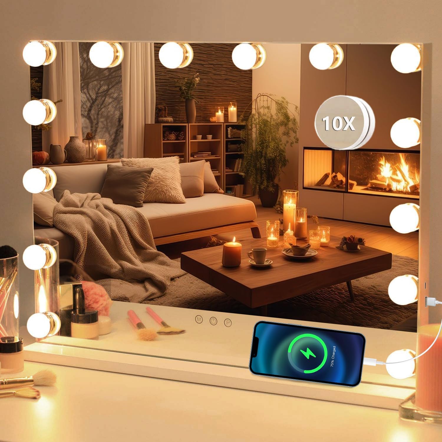 Vanity Mirror with Lights,Hollywood Vanity Mirror with Light,Large Hollywood Mirror with USB Output Port,Makeup Mirror with Lights Tabletop and Wall Mounted White, 50 x 42 cm