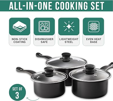 Pendeford Value Plus Saucepan Set 3PC | Carbon Steel Non-Stick with Tempered Glass Lids | 16cm 18cm 20cm | Easy Clean, Lightweight, Dishwasher Safe | Suitable for All Hob Types Except Induction