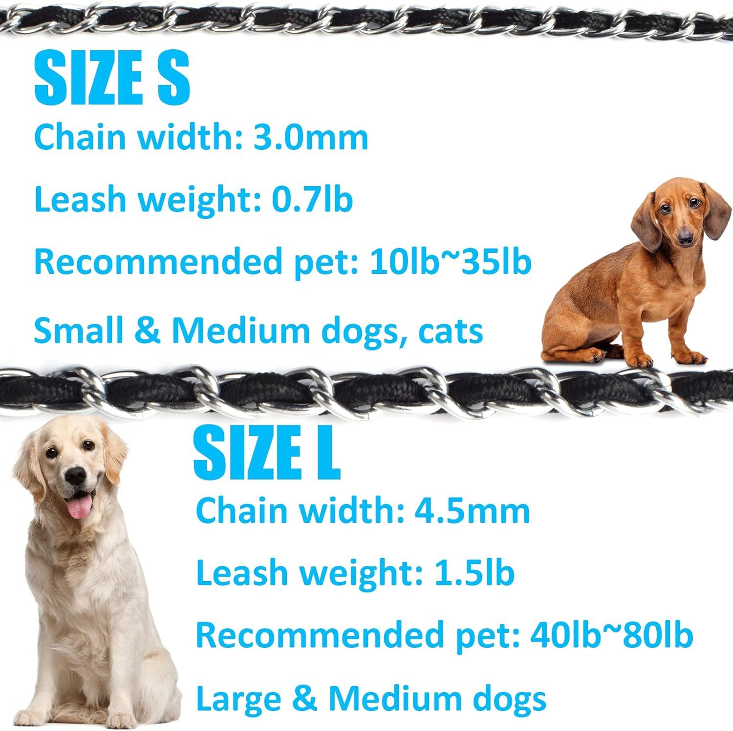 Chain Dog Leash Chew Proof Dog Leash for Medium Large Dogs, 5.5 FT Heavy Duty Metal Leashes with Anti Bite Rope Handle for Training Walking Dogs (L (40lb-80lb), Black)
