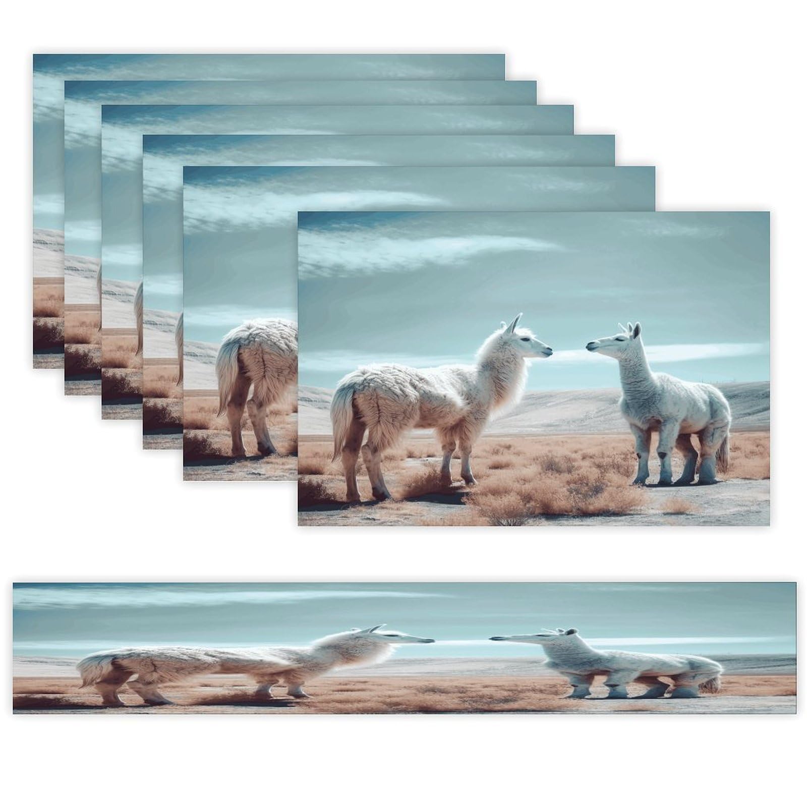 Alpaca on The Grass Table Runner and Placemats Set of 6 Wipe Clean Heat Resistant Table Mat with Table Runner Decorations Flax Linen Place Mat Set for Home Kitchen Party Supplies