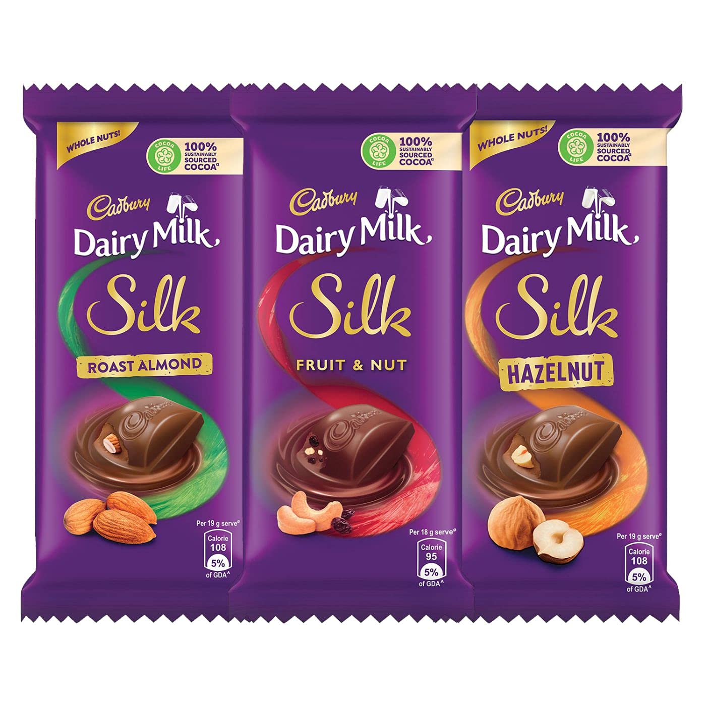 CadburyDairy Milk Silk Small Chocolates Combo (2 X Silk Roast Almond With Whole Nuts 58G, 2 X Silk Hazelnut 58G And 2 X Silk Fruit And Nut 55G), 342 Grams