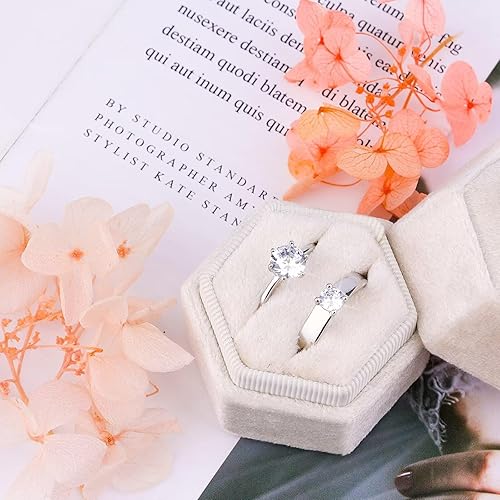 Miniatura 6 de AIEX Caja para anillos de terciopelo para joyas, doble ranuras, caja hexagonal para anillo para ceremonia de compromiso, boda, día de San Valentín,