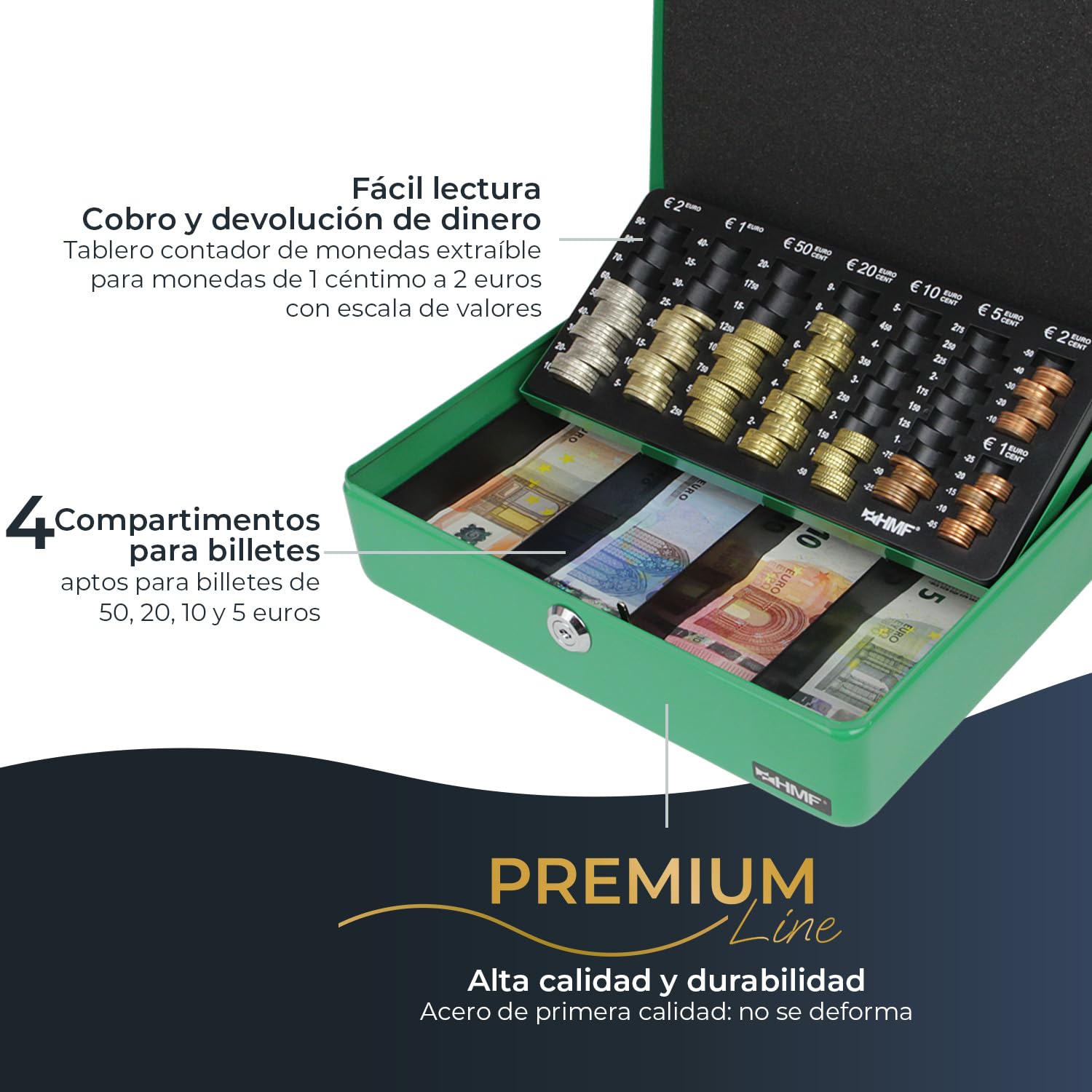 HMF Caja caudales con cerradura y bandeja para contar monedas, 30 x 24 x 9 cm | Verde