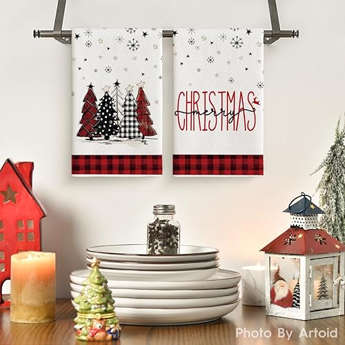 Miniatura 2 de Artoid Mode Juego de 4 toallas de cocina de Navidad con diseño de muñeco de nieve a cuadros rojos y negros, 18 x 26 pulgadas, decoración diaria de