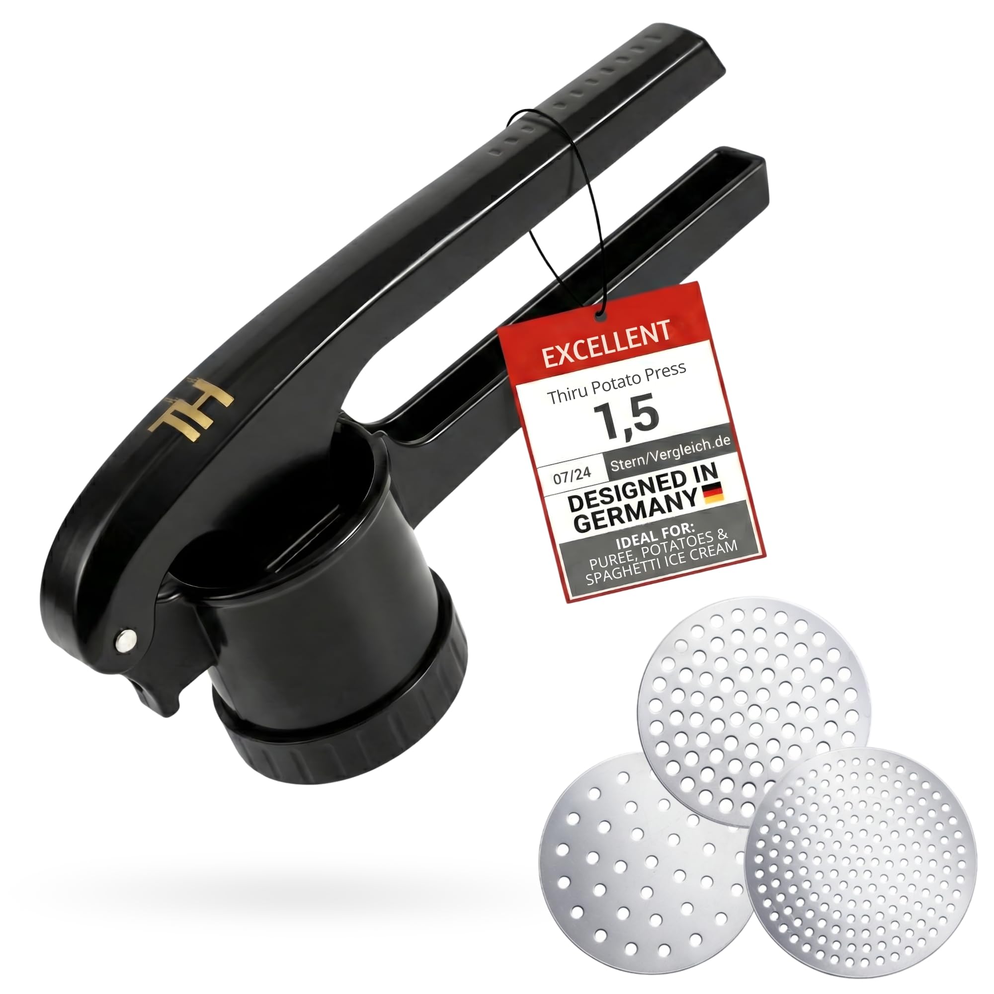 Thiru Potato Ricer Masher – Potato Ricer - Potato Masher with 3 Stainless Steel Discs – for Smooth mash, Veg & Desserts – Secure Pot Rest – Dishwasher Safe
