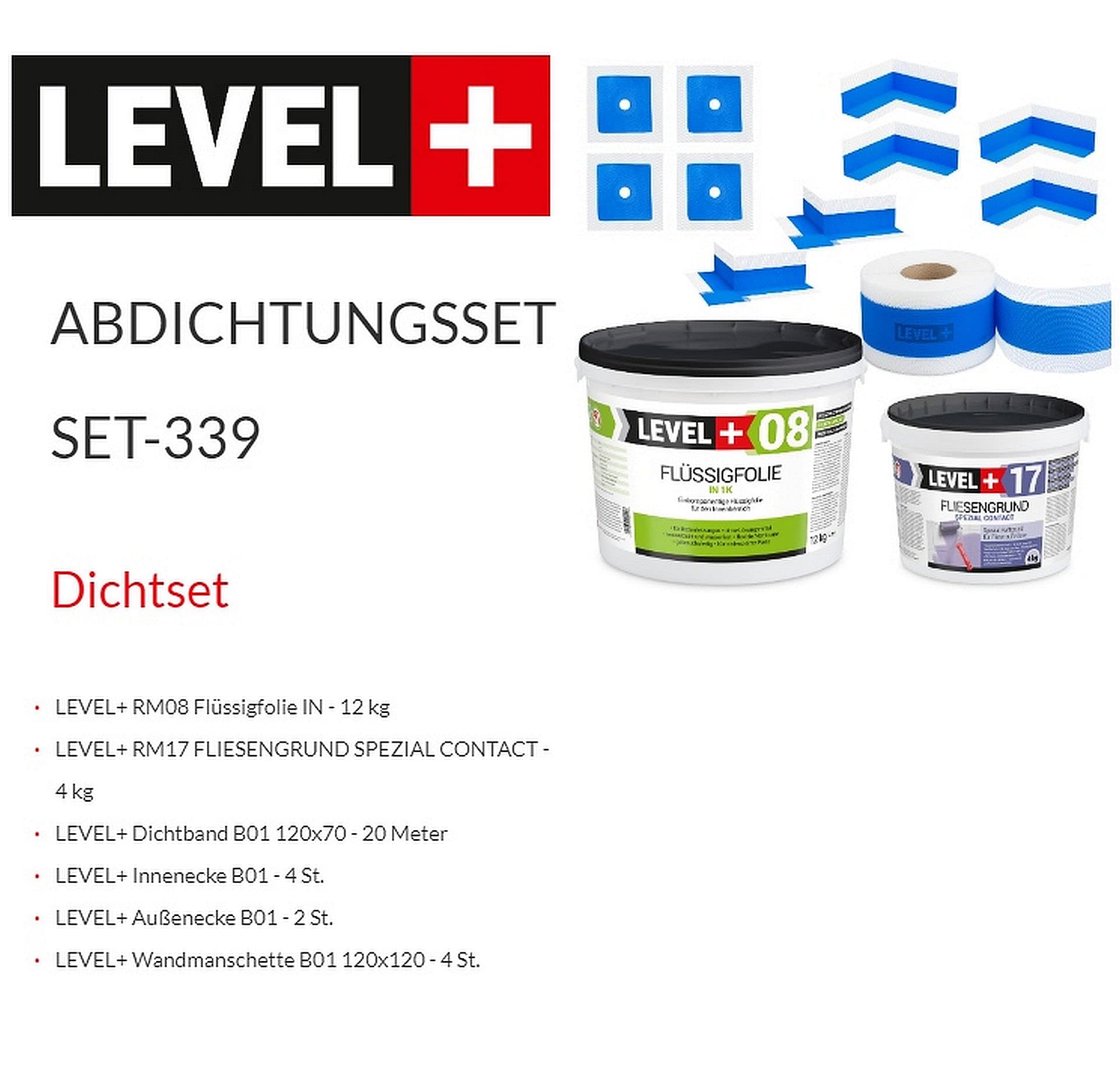 Dichtset Dusche Bad Adabdichtung 12Kg Flüssigfolie, 4kg Fliesengrund, 20m Dichtband, 4 Innenecken, 2 Außenecke, 4 Wandmanschetten SET339