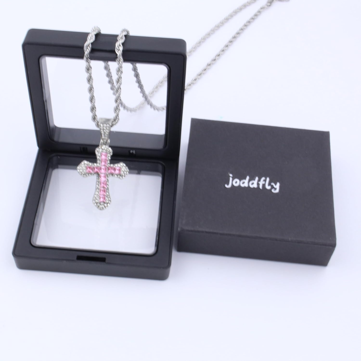 Crystal Cross Pendant Necklace, Pink Zircon Stones, Silver Chain, 24 Inches - Image 3