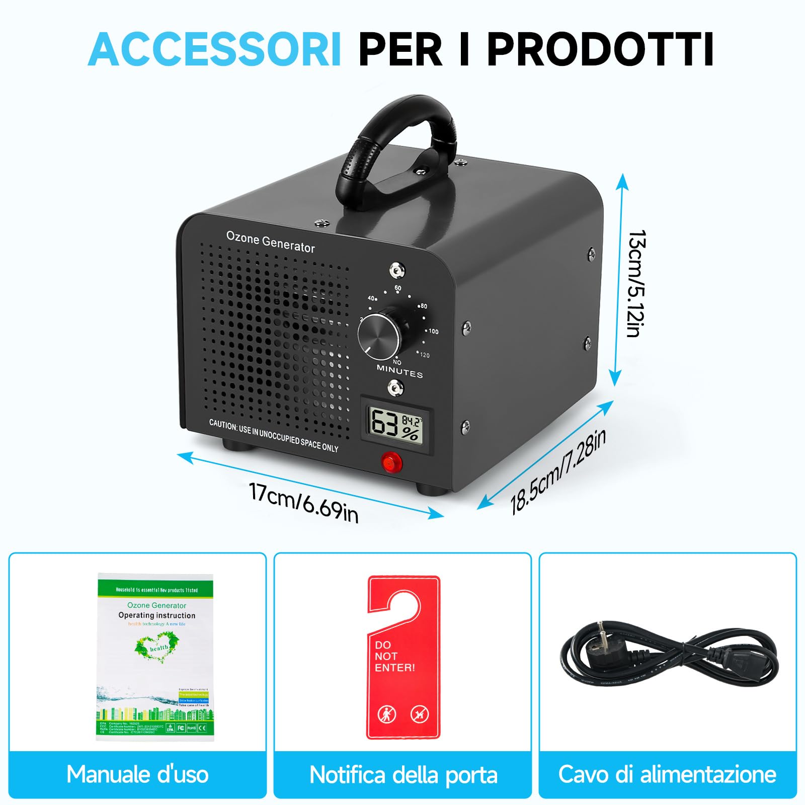 Generatore di Ozono 60000mg/h, Purificatore d'Aria Ozono con 120 Min Timer, Temperatura, Display di Umidità, Ozonizzatore per Auto, Casa, Ambiente, Fumo, Odori di Animali Domestici e Cucina
