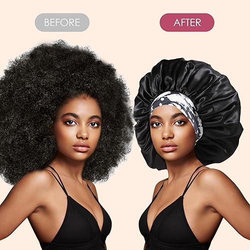 Miniatura 2 de 3 gorros de satén de seda para dormir, gorros de pelo extra grandes para dormir mujeres rizadas negras, gorro de satén para dormir, gorro grande