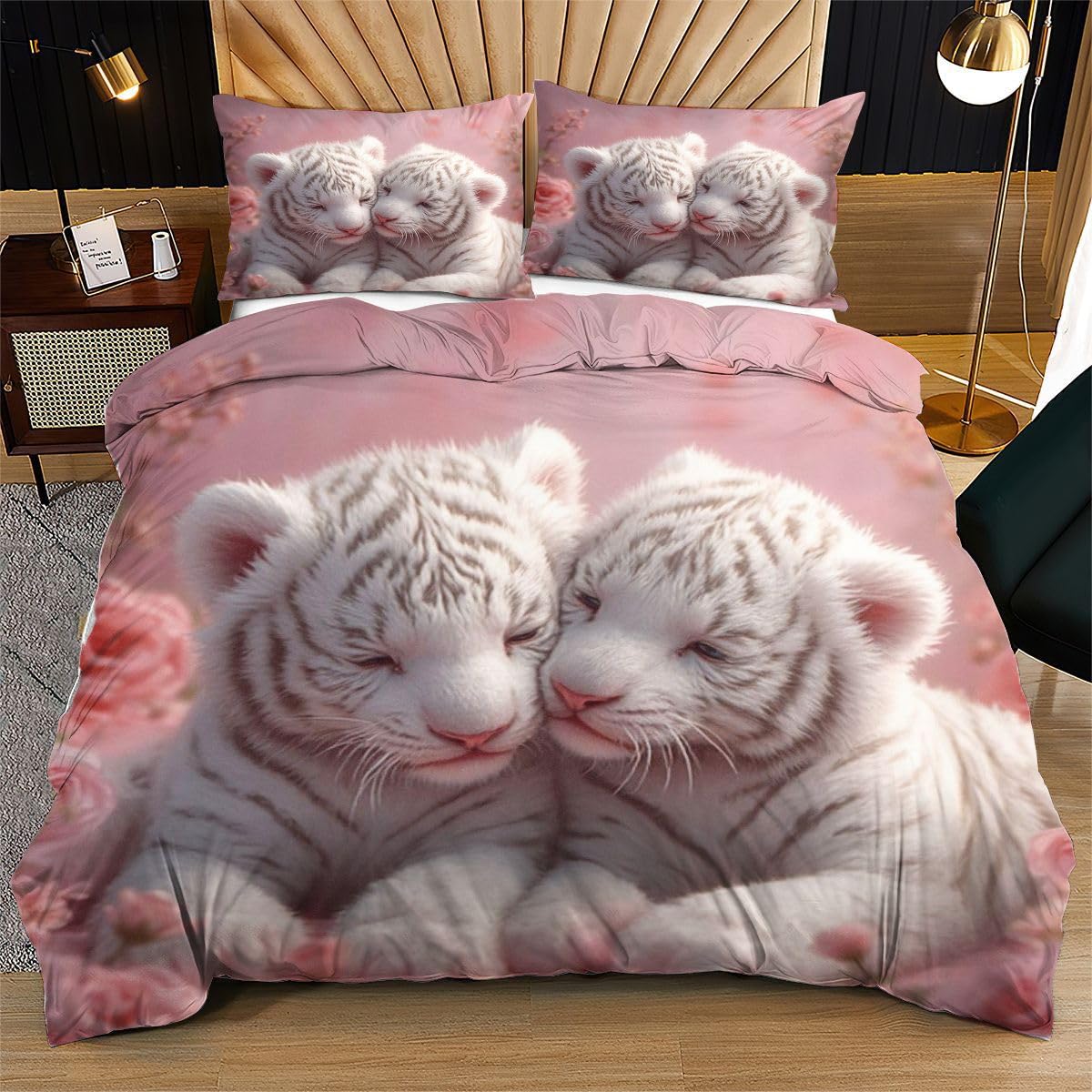 Funda nórdica de tigre rosa para cama individual de microfibra infantil reversible 135x200cm