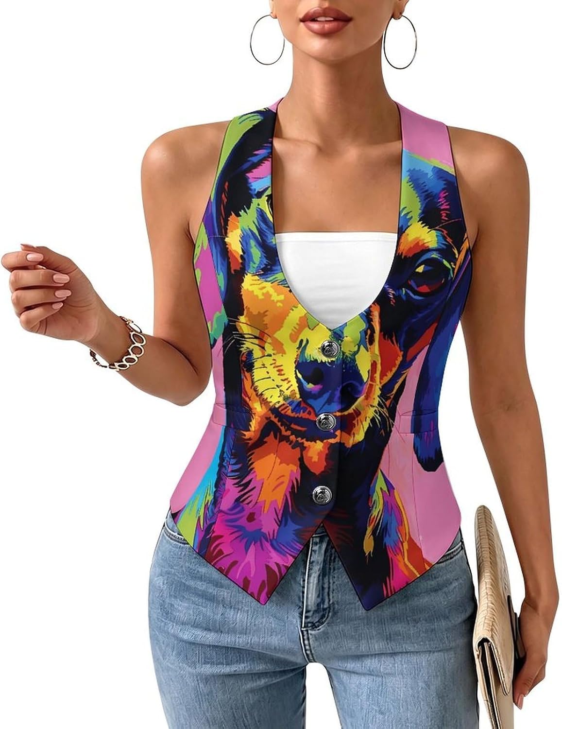Colorful Dachshund Dog Pop Art Women's Tuxedo Waistcoat Suit Vest | 3 Button V-Neck Slim Fit Casual Sleeveless Top