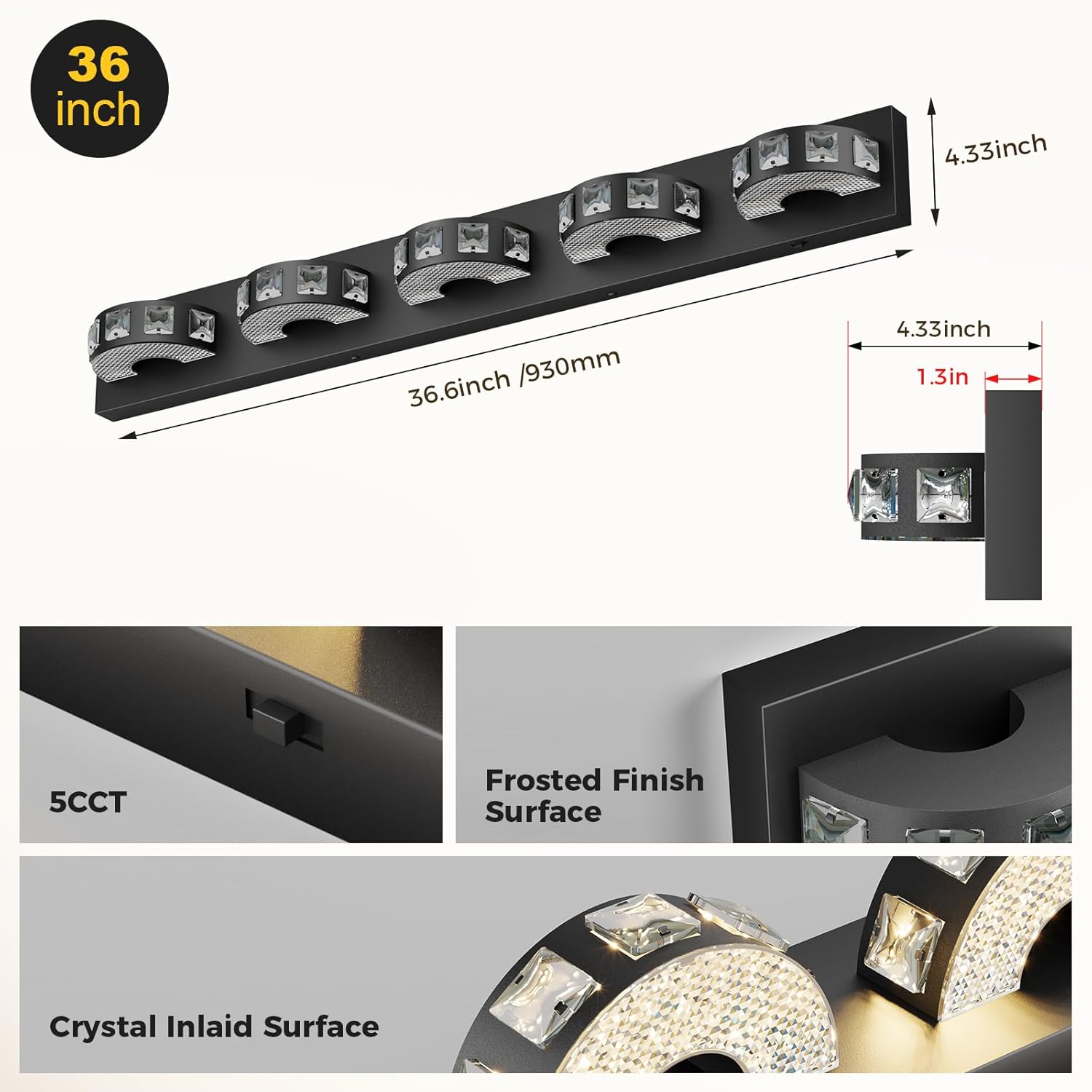 Modern Bathroom Vanity Lights 36.6 inch 5 Color Temperature Black Light Fixtures for Bathroom Above Mirror(5-Light,Dimmable)crystal Bathroom Light Fixtures for Mirror,Living Room,Kitchen,Hallway