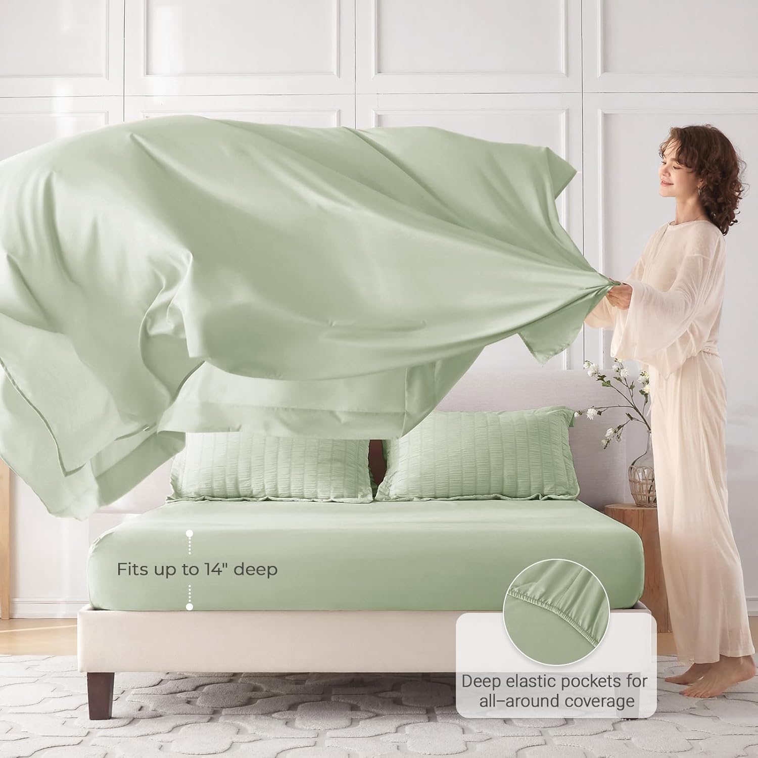 MUXHOMO 7 Pieces Queen Comforter Set, Seersucker Bed in a Bag Queen Size, All Season Luxury Bedding Set with Comforter, Flat Sheet, Fitted Sheet, Pillowcases & Shams, Light Green - Image 3