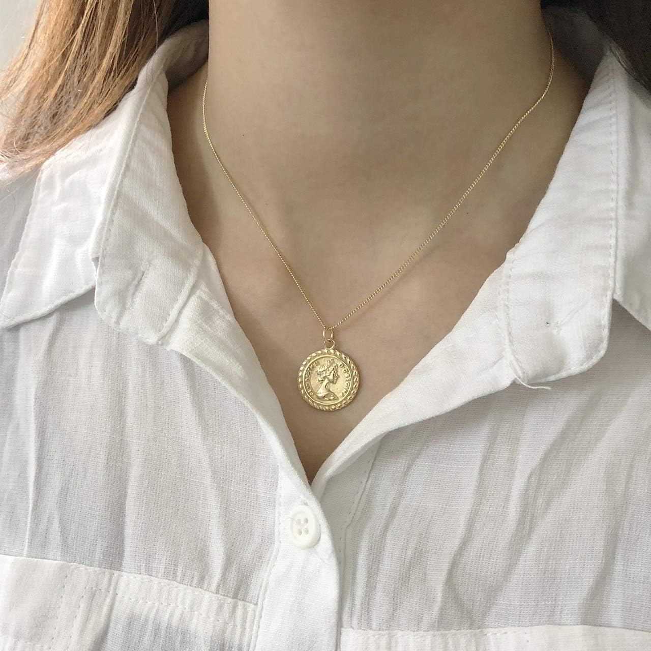 MEVECCO Carved Gold Coin Pendant Necklace for Women,18K Gold Plated Dainty Minimalist Necklace for Women - Image 6