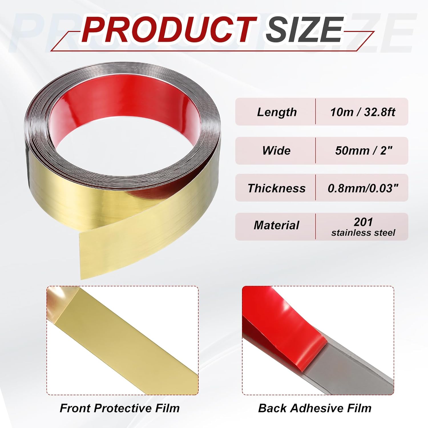 MECCANIXITY Gold Trim Peel and Stick, Self Adhesive Mirror Trim Border 32.8ft x 2" Stainless Steel Mirror Finish Molding Tape Strips for Wall Cabinet Tile Edge Molding