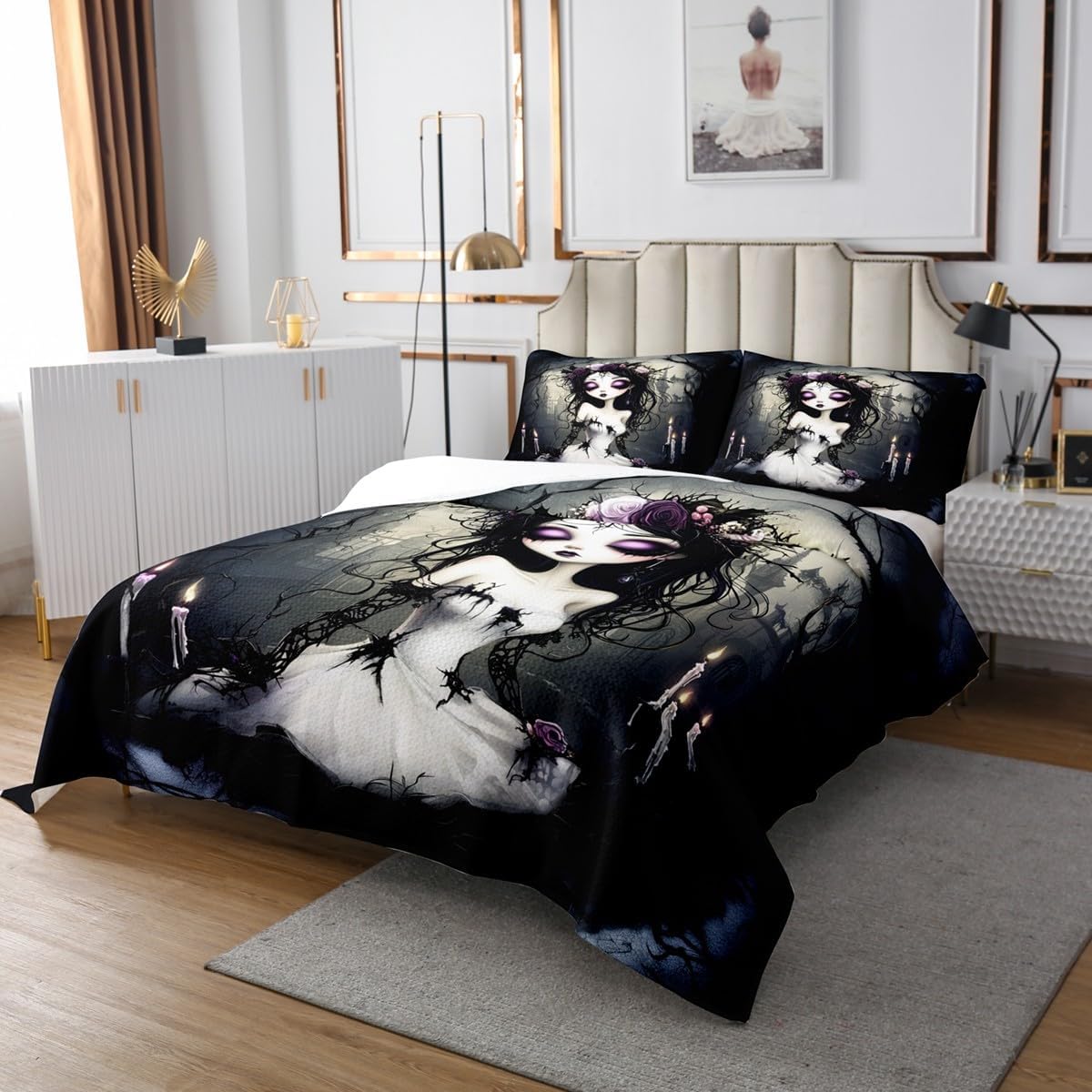 Skeleton Bride Bedding Set Queen Size,Gothic Sugar Skull Bedspread 3Pcs,Horror Style Castle Comforter Set for Kids Girls Boys Teens Room Decor,Halloween Theme Quilt Coverlet,2 Pillowcases