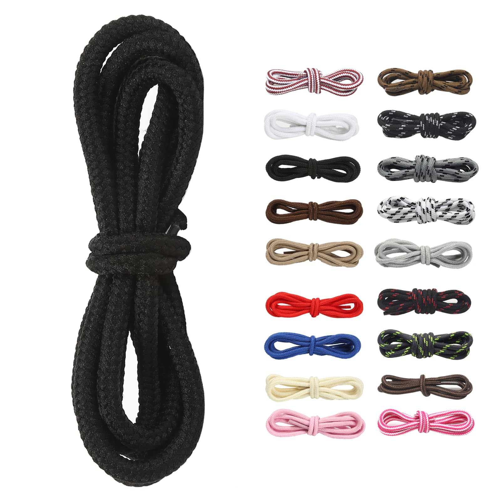 [Amerlery] 靴ひも 丸紐 シューレース 100cm 120cm 140cm 160cm 4mm幅 ブーツ用 靴紐 Shoelaces 2足分(4本) 適合登山靴、ブーツ、作業靴、カジュアルシューズ (黒, 140cm)